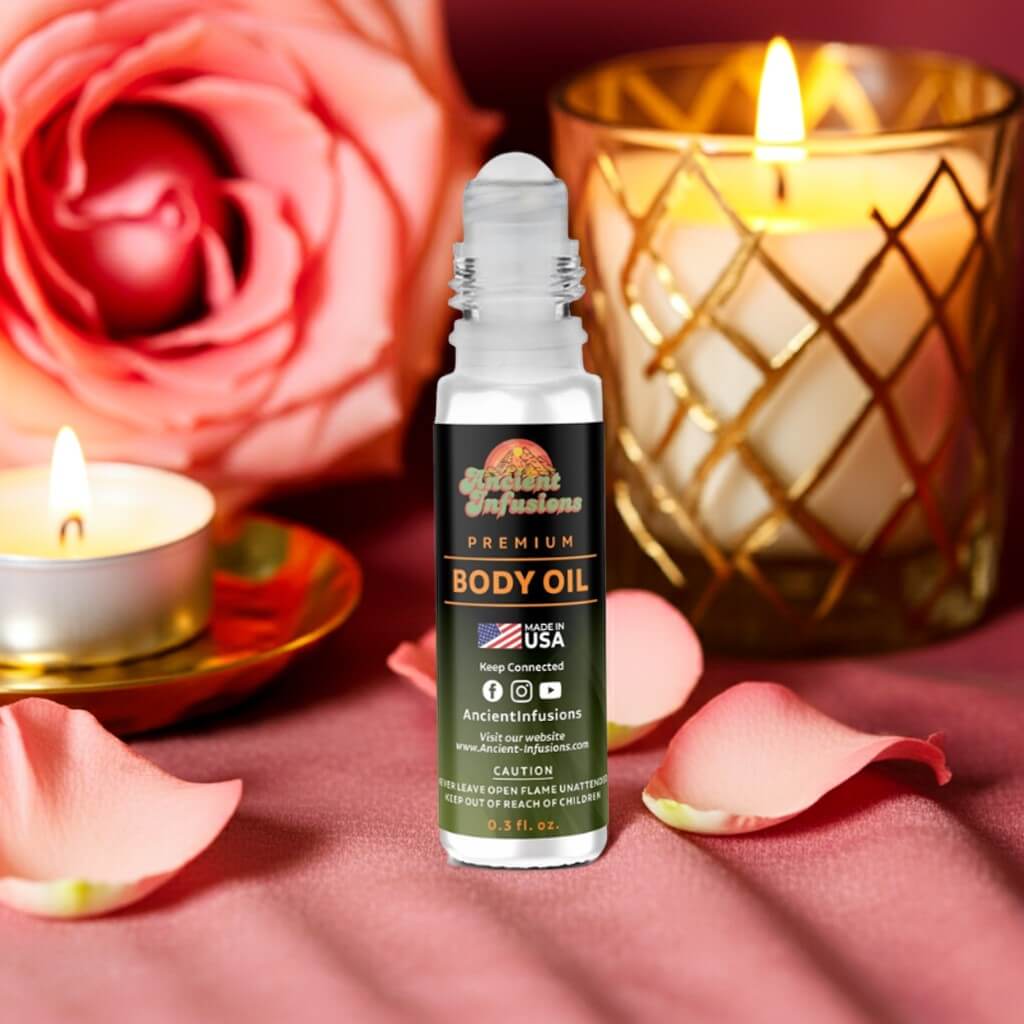 Amber Love body oil bottle with candles and roses on a pink background