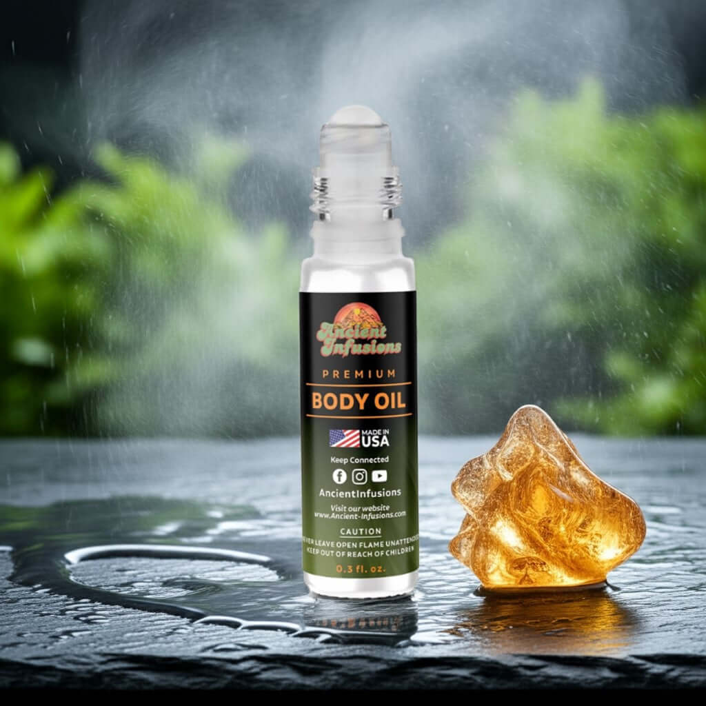 Amber Rain Body Oil bottle with amber stone, premium quality, pure and uncut, displayed on a wet surface with nature background.