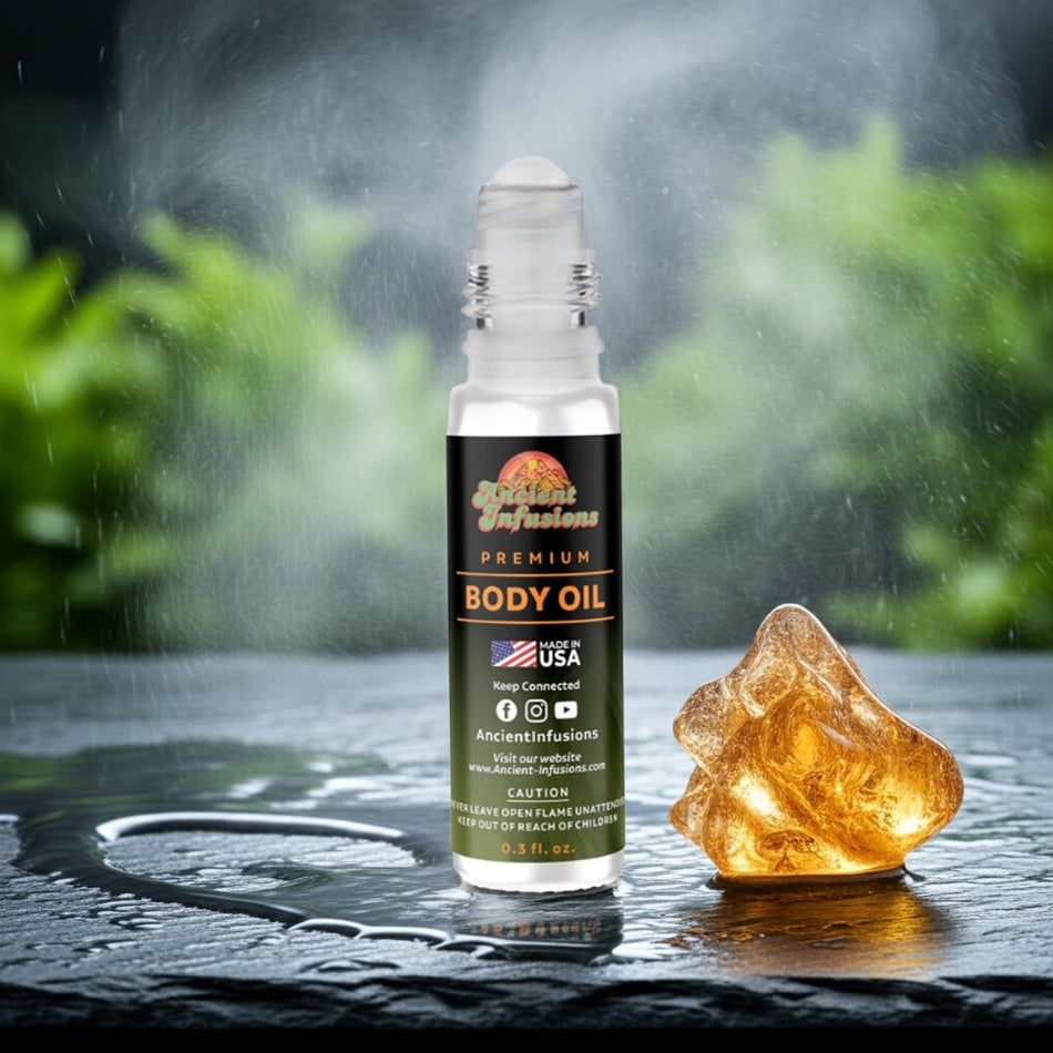 Amber Rain body oil bottle with a glowing crystal on a wet surface