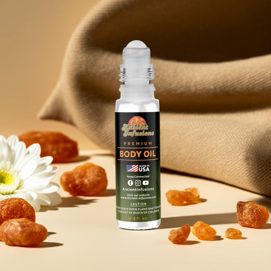 Body oil bottle with natural elements on a beige background
