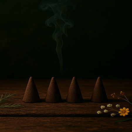 Natural Amber White hand-dipped incense cones – long-lasting scent for meditation, rituals, and relaxation.