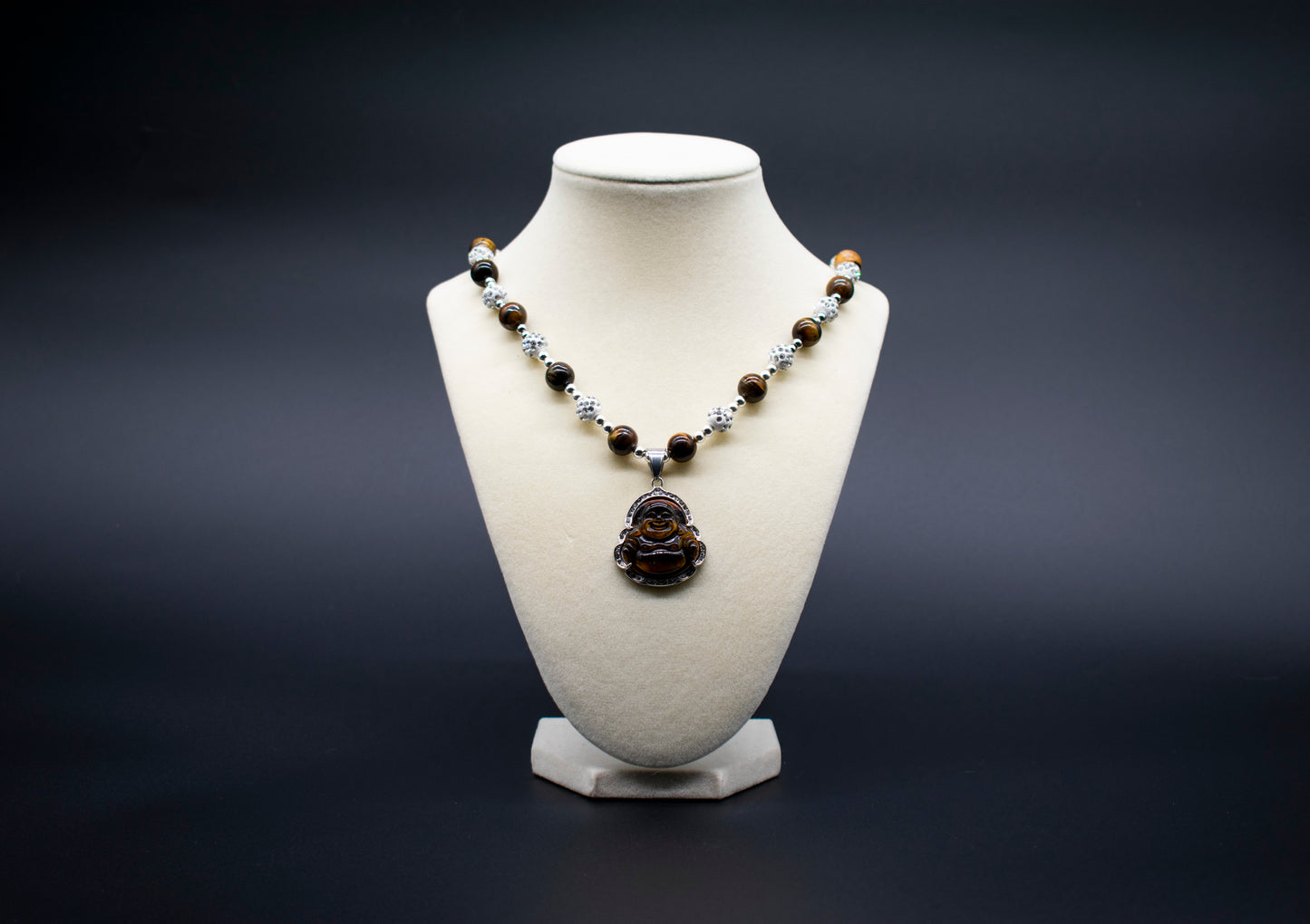 Ancient Infusions Custom Beaded Tiger's Eye Necklace with Laughing Buddha pendant, handcrafted with genuine crystals to promote joy, abundance, and positive energy.