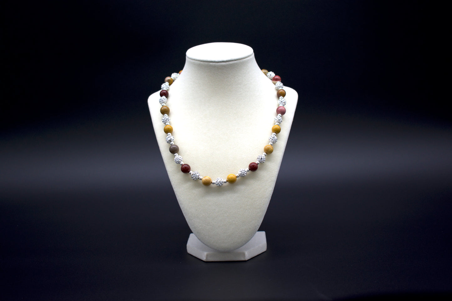 Ancient Infusions Custom Beaded Mookaite Jasper Necklace, handcrafted with genuine crystals to enhance vitality, confidence, and emotional healing. Available in multiple lengths.