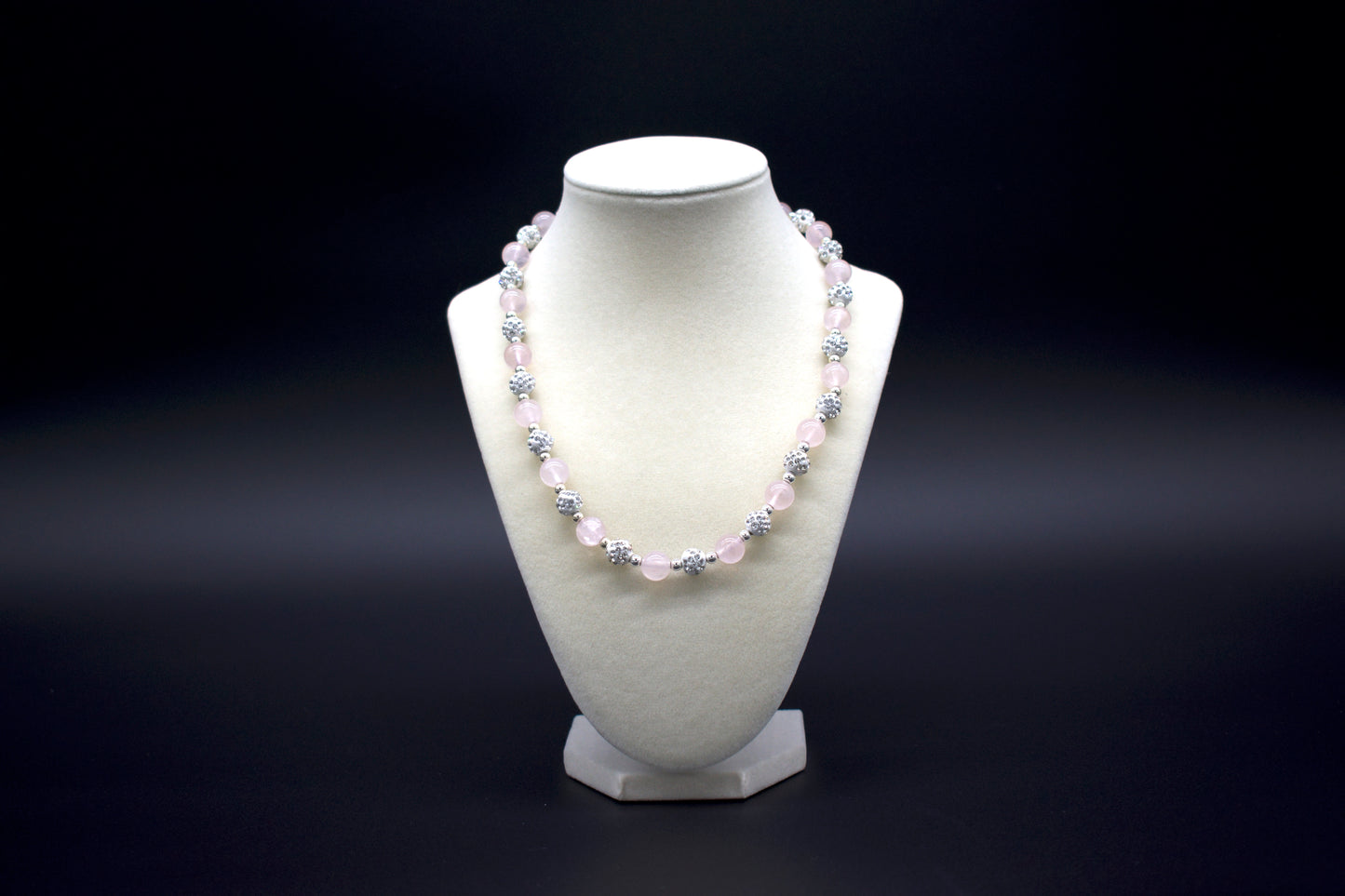 Ancient Infusions Custom Beaded Rose Quartz Necklace, handcrafted with genuine crystals to enhance love, compassion, and emotional healing. Available in multiple lengths.