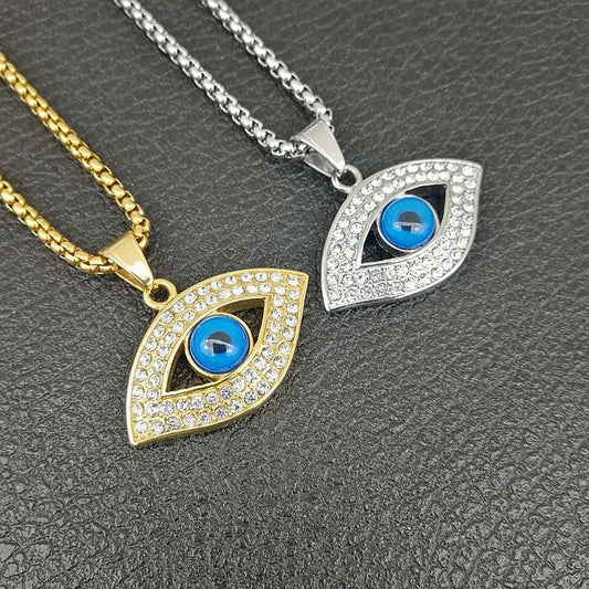 Ancient Elegance Cuban Zircon Evil Eye Necklace - Stylish Stainless Steel Ward Against Negativity.