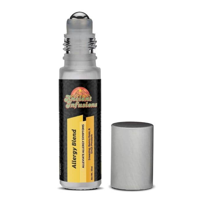 Ancient Infusions Allergy Herbal Remedy Oil Label - Pure & Organic Skincare Solution for Well-being.