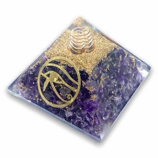 Top View of Ancient Infusions Amethyst Healing Orgonite Pyramid. Elevate your meditation and well-being with the combined energy of Amethyst and orgonite.