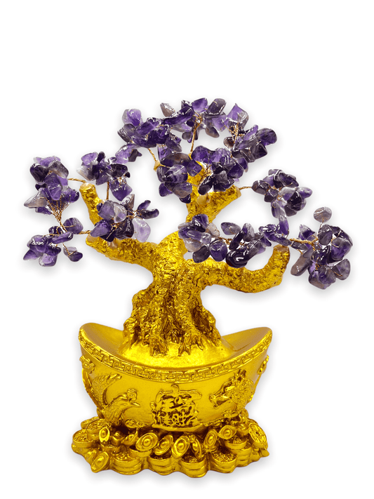 Experience serenity with Amethyst Tranquility: Ancient Infusions' 11" Natural Crystal Tree. Handcrafted from natural wood and adorned with 300 pure amethyst crystals, this stunning tree promotes wellness, healing, and rejuvenation.