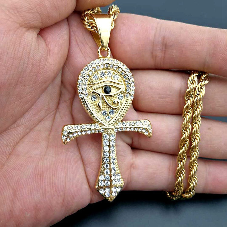 Ancient Infusions Ankh Eye of Horus Cuban Zircons Pendant Necklace - Mystic Symbolism in Stainless Steel. Elevate your style with spiritual protection.
