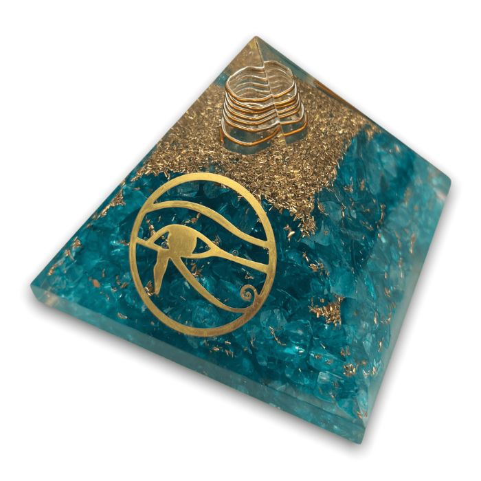 Experience crystal clarity - Close-up of Ancient Infusions Aquamarine Orgonite Pyramid, promoting stress relief and positive energy flow with its powerful blend of aquamarine and orgonite.