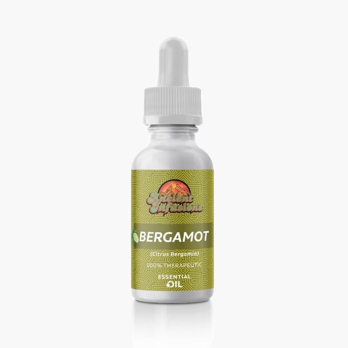 Ancient Infusions Therapeutic Grade Bergamot Oil Label - Pure & Harmonizing Wellness.