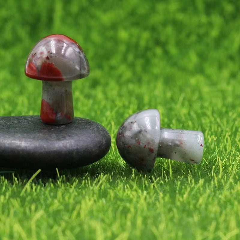 Ancient Infusions Bloodstone Carved Mushroom - ~0.8 inches of vitality and elegance. Front view.