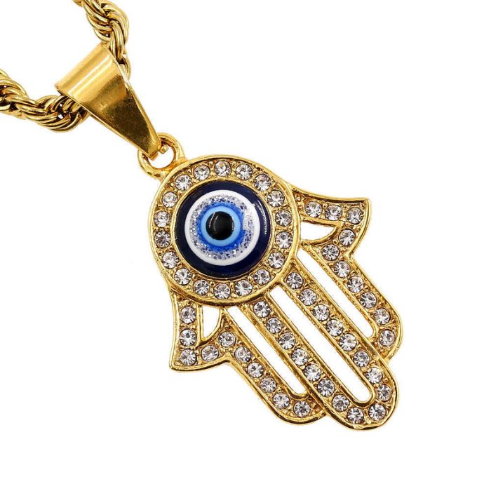 Ancient Infusions Cuban Zircons Hamsa Evil Eye Necklace - Stylish Protection with Stainless Steel Resilience. Embrace the power of ancient symbols.