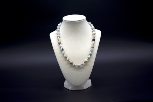 Ancient Infusions Custom Beaded Amazonite Necklace, handcrafted with genuine crystals, symbolizing hope, communication, and harmony. Available in multiple lengths.