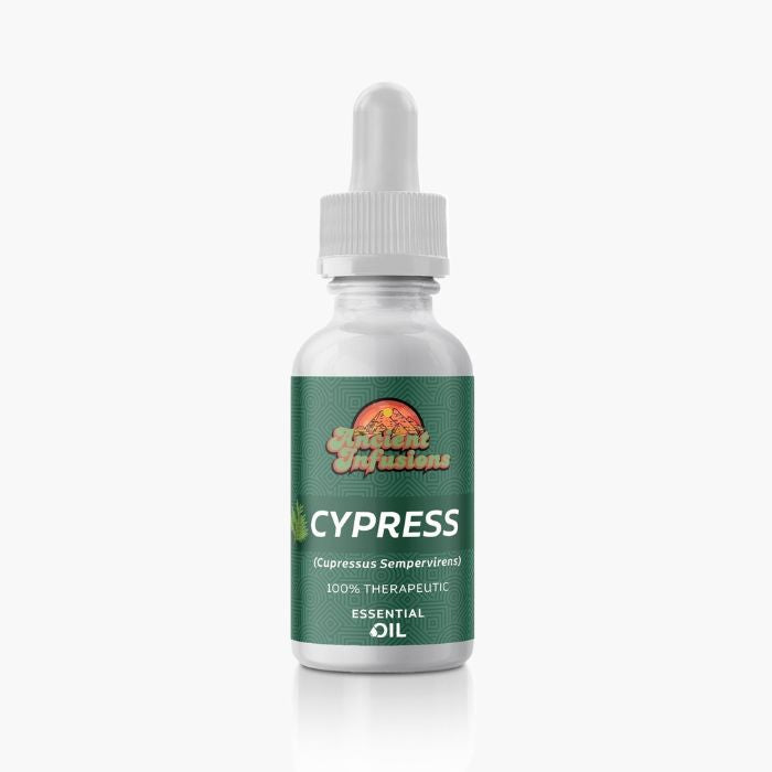 Ancient Infusions Therapeutic Grade Cypress Oil Label - Pure & Renewing Wellness.