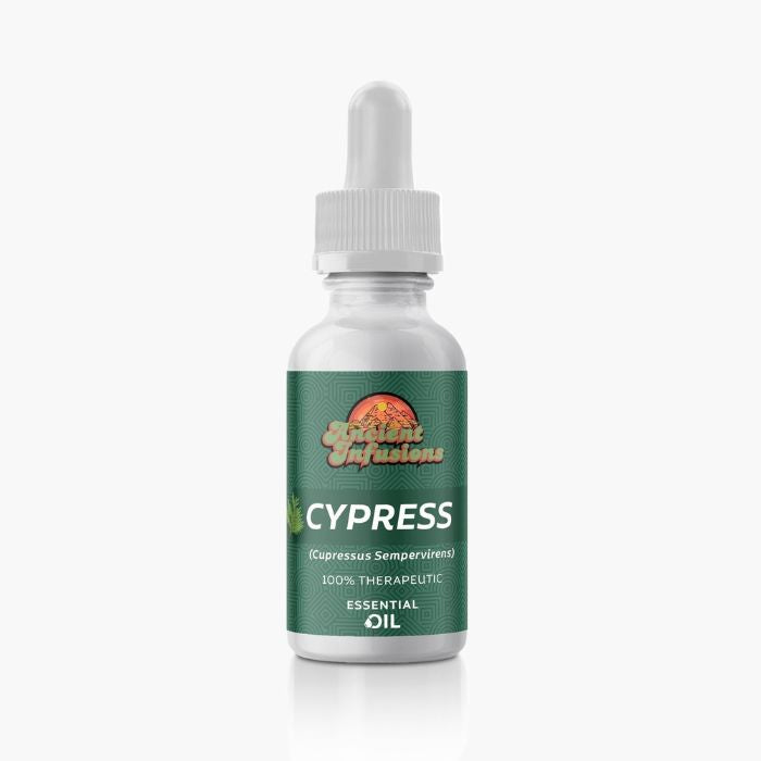 Ancient Infusions Therapeutic Grade Cypress Oil Label - Pure & Renewing Wellness.