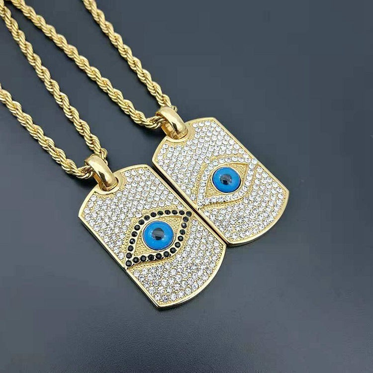 Ancient Infusions Guardian Chic Cuban Zircon Evil Eye Dog Tag Necklace - Stainless Steel Stylish Protection.