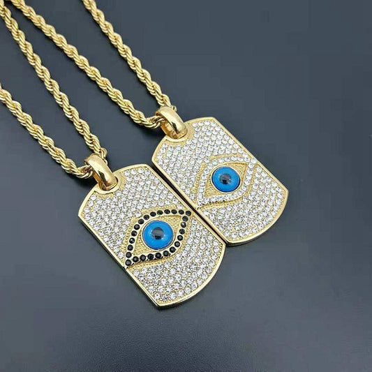 Ancient Infusions Guardian Chic Cuban Zircon Evil Eye Dog Tag Necklace - Stainless Steel Stylish Protection.