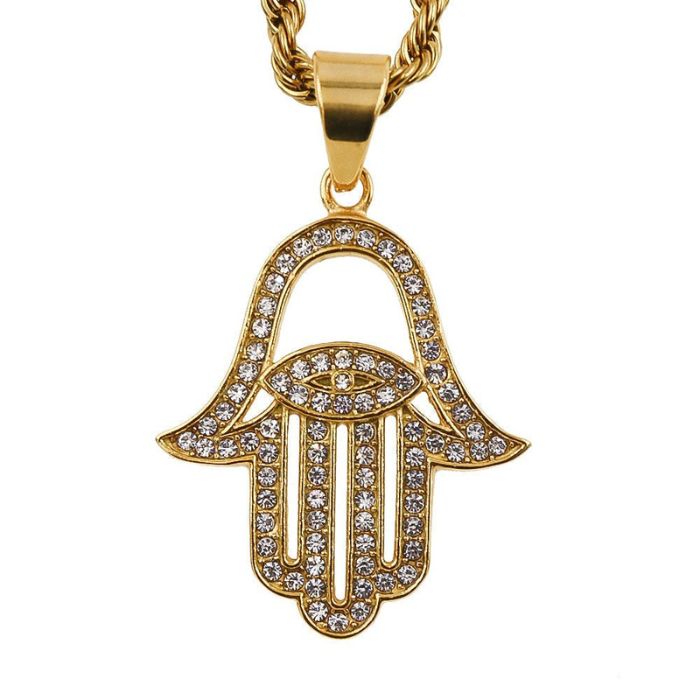Guardian Grace: Ancient Infusions Hamsa with Evil Eye Cuban Zircons Necklace - Stylish Protection with Spiritual Significance.