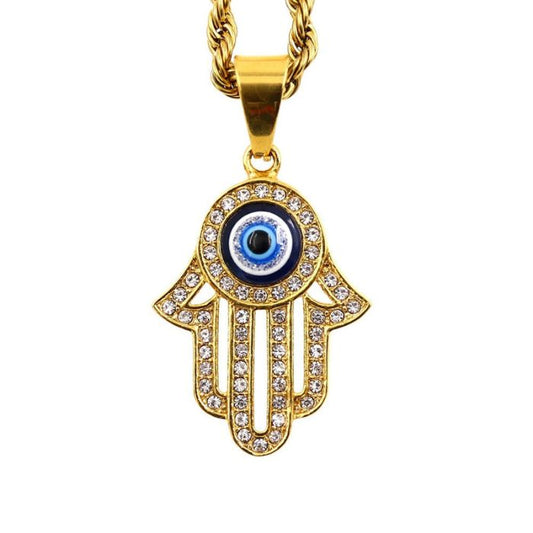 Ancient Infusions Hamsa Evil Eye Cuban Zircons Pendant Necklace - Fashionable Protection in Stainless Steel. Symbolic elegance for modern times.