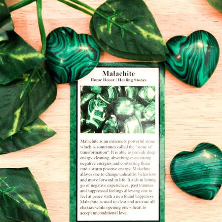 Ancient Infusions Malachite Carved Heart - Front view showcasing the vibrant green hues and heart-chakra-activating properties of Malachite.