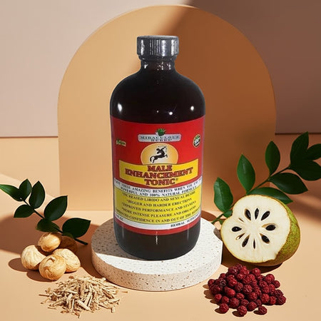 Ancient Infusions Male Enhancement Tonic bottle surrounded by natural herbs like maca, ashwagandha, tongkat ali, yohimbe, black seed, and soursop on a clean natural background.