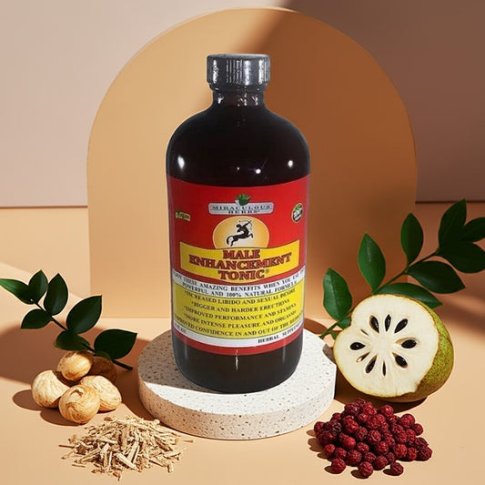 Ancient Infusions Male Enhancement Tonic bottle surrounded by natural herbs like maca, ashwagandha, tongkat ali, yohimbe, black seed, and soursop on a clean natural background.