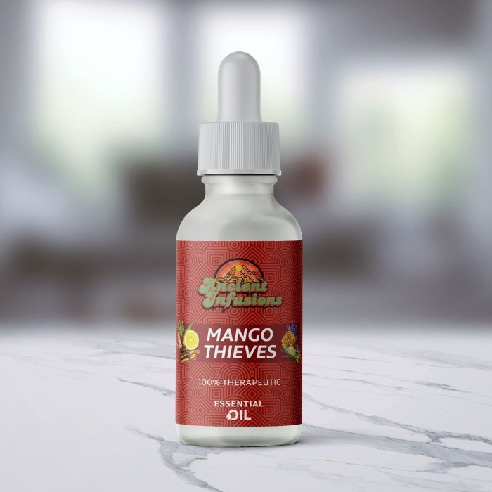 Ancient Infusions Therapeutic Grade Mango Thieves Oil Blend Label - Pure & Tropical Bliss Wellness.