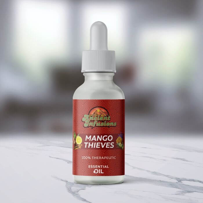 Ancient Infusions Therapeutic Grade Mango Thieves Essential Oil Blend Label - Pure & Tropical Bliss Wellness.