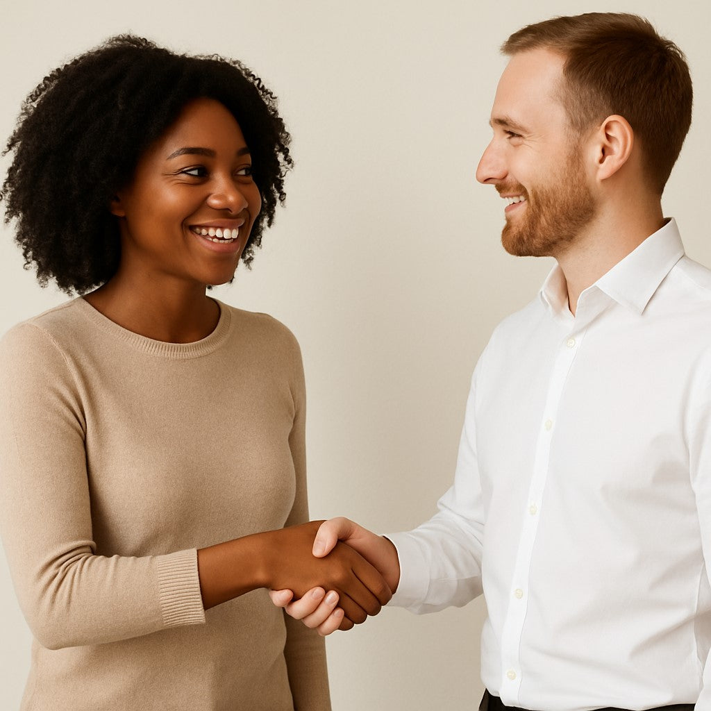 Black woman and white man smiling and shaking hands, symbolizing unity, trust, and shared wellness values for Ancient Infusions’ mission