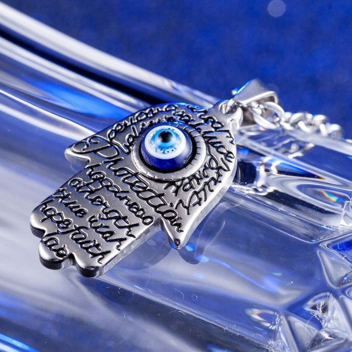 Hamsa and Evil Eye Necklace - Closeup View