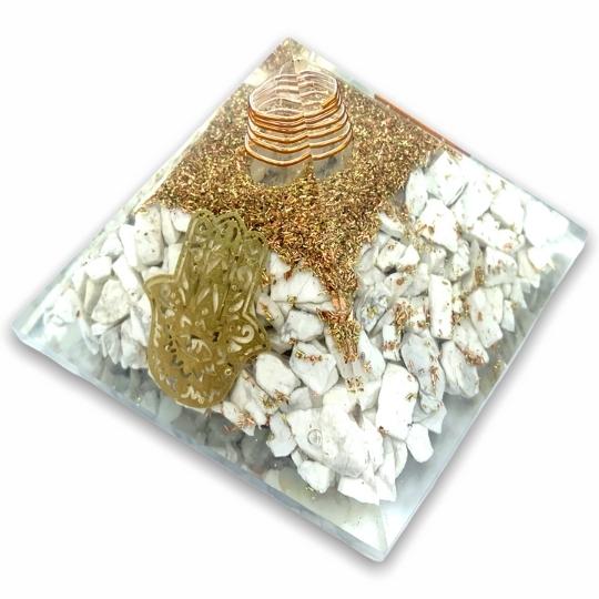 Ancient Infusions Howlite Orgonite Pyramid - Embrace tranquility and spiritual attunement with the power of Howlite and orgonite.
