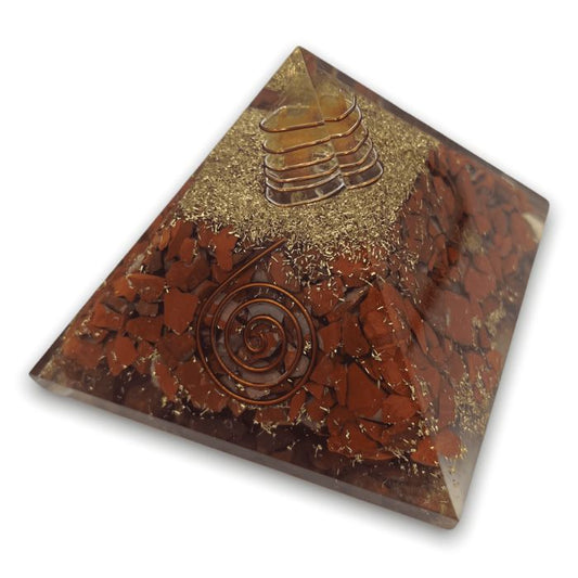 Ancient Infusions Red Jasper Orgonite Pyramid - Harness the grounding energy of Red Jasper crystal and the harmonizing effects of orgonite for a stable and protected space.