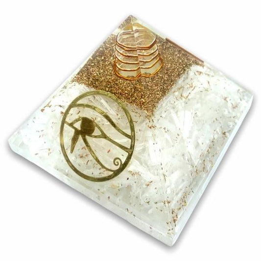 Selenite Orgonite Pyramid by Ancient Infusions - Immerse your space in the purifying energy of Selenite combined with the transformative power of orgonite.