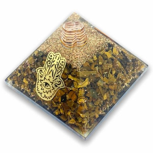 Ancient Infusions Tiger's Eye Orgonite Pyramid - Experience heightened clarity and positive energy with the fusion of Tiger's Eye and orgonite technology.