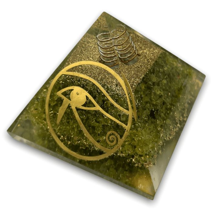 Peridot Orgonite Pyramid by Ancient Infusions - Experience growth and harmony in your surroundings with the vibrant energy of Peridot crystal and orgonite technology.