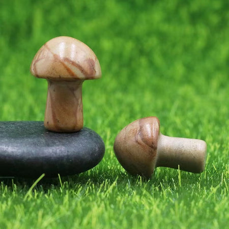 Ancient Infusions Picture Jasper Carved Mushroom - ~0.8 inches of earthly harmony. Front view showcasing the rich patterns of Picture Jasper and handcrafted excellence.