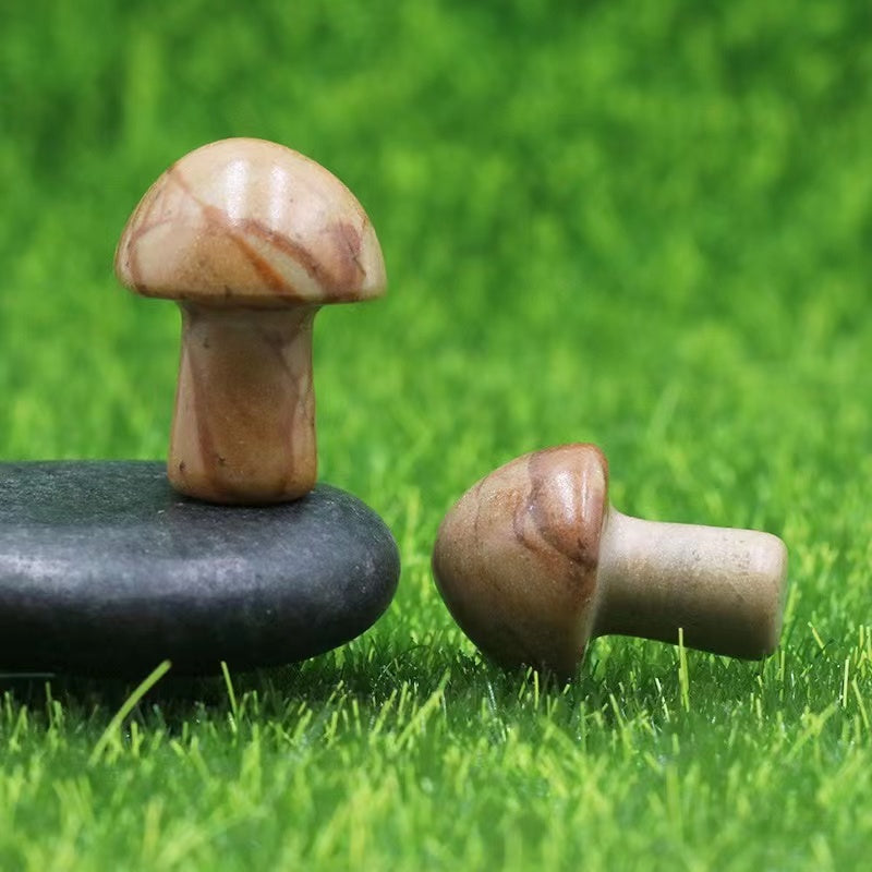 Ancient Infusions Picture Jasper Carved Mushroom - ~0.8 inches of earthly harmony. Front view showcasing the rich patterns of Picture Jasper and handcrafted excellence.