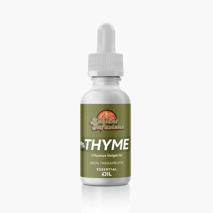 Ancient Infusions Therapeutic Grade Red Thyme Oil Label - Pure & Vitalizing Wellness.