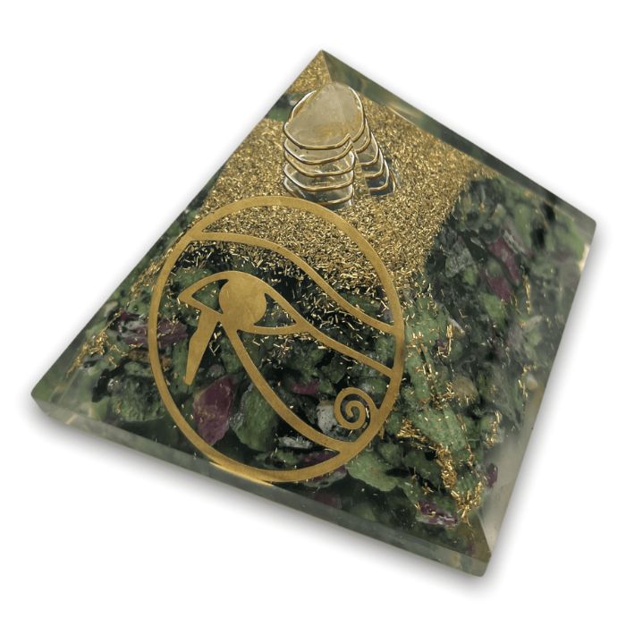 Ancient Infusions Orgonite Ruby Zoisite Pyramid - Achieve balanced awareness and a positive environment with the transformative energy of Ruby Zoisite crystal and orgonite.