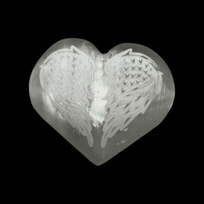 Ancient Infusions Selenite Carved Heart With Angel Wings - Front view, showcasing the divine harmony and purity of Selenite with angelic symbolism.