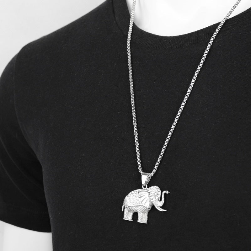 Ancient Infusions Stainless Elephant Necklace - Guardian Charm with Cuban Zircons. Embrace the strength and sparkle.