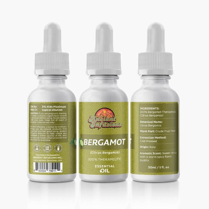 Therapeutic bergamot essential oil by Ancient Infusions – 100% pure citrus aromatherapy oil for stress relief, mood enhancement, and skincare.