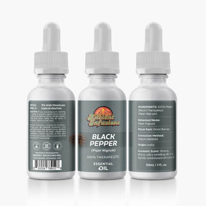 Therapeutic black pepper essential oil by Ancient Infusions – 100% pure aromatherapy oil for muscle relief, circulation support, and boosting energy.