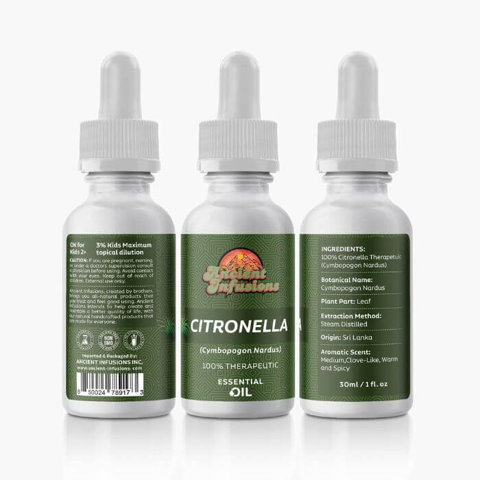 Therapeutic citronella essential oil by Ancient Infusions – 100% pure aromatherapy oil for insect repellent, mood enhancement, and freshening spaces.
