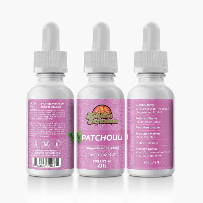 Therapeutic patchouli essential oil by Ancient Infusions – 100% pure aromatherapy oil for grounding, relaxation, and skincare.