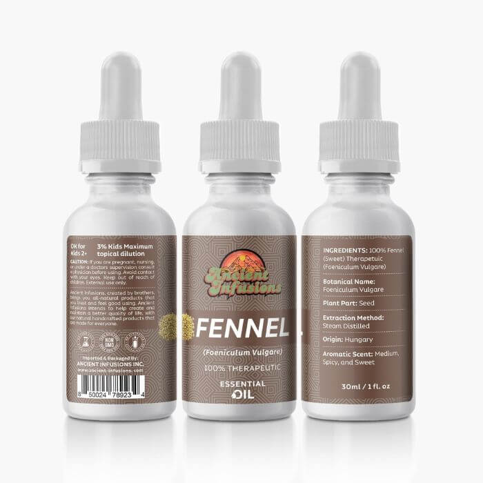 Therapeutic sweet fennel essential oil by Ancient Infusions – 100% pure aromatherapy oil for digestion support, stress relief, and hormonal balance.