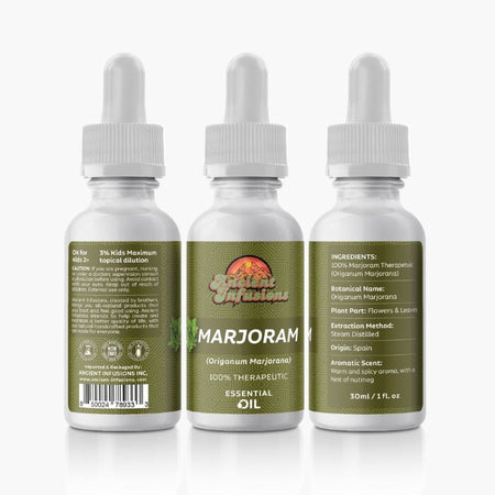 Ancient Infusions Therapeutic Grade Sweet Marjoram Oil Label - Pure & Tranquil Wellness.