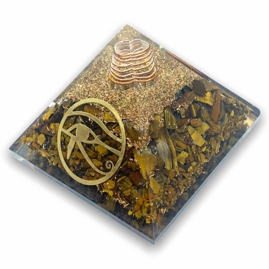 Ancient Infusions Orgonite Tiger's Eye Pyramid - Enhance mental clarity and foster a harmonious environment with this unique orgonite pyramid.
