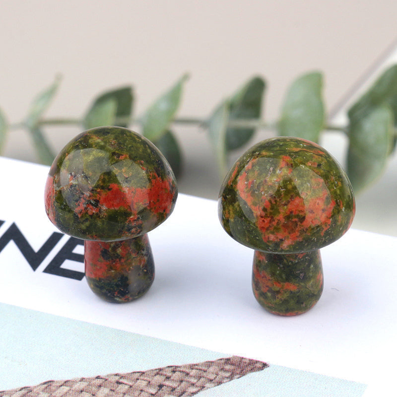 Ancient Infusions Unakite Carved Mushroom - Discover the petite guardian of harmony. Front view showcasing the balance and heart-centered energy of Unakite.